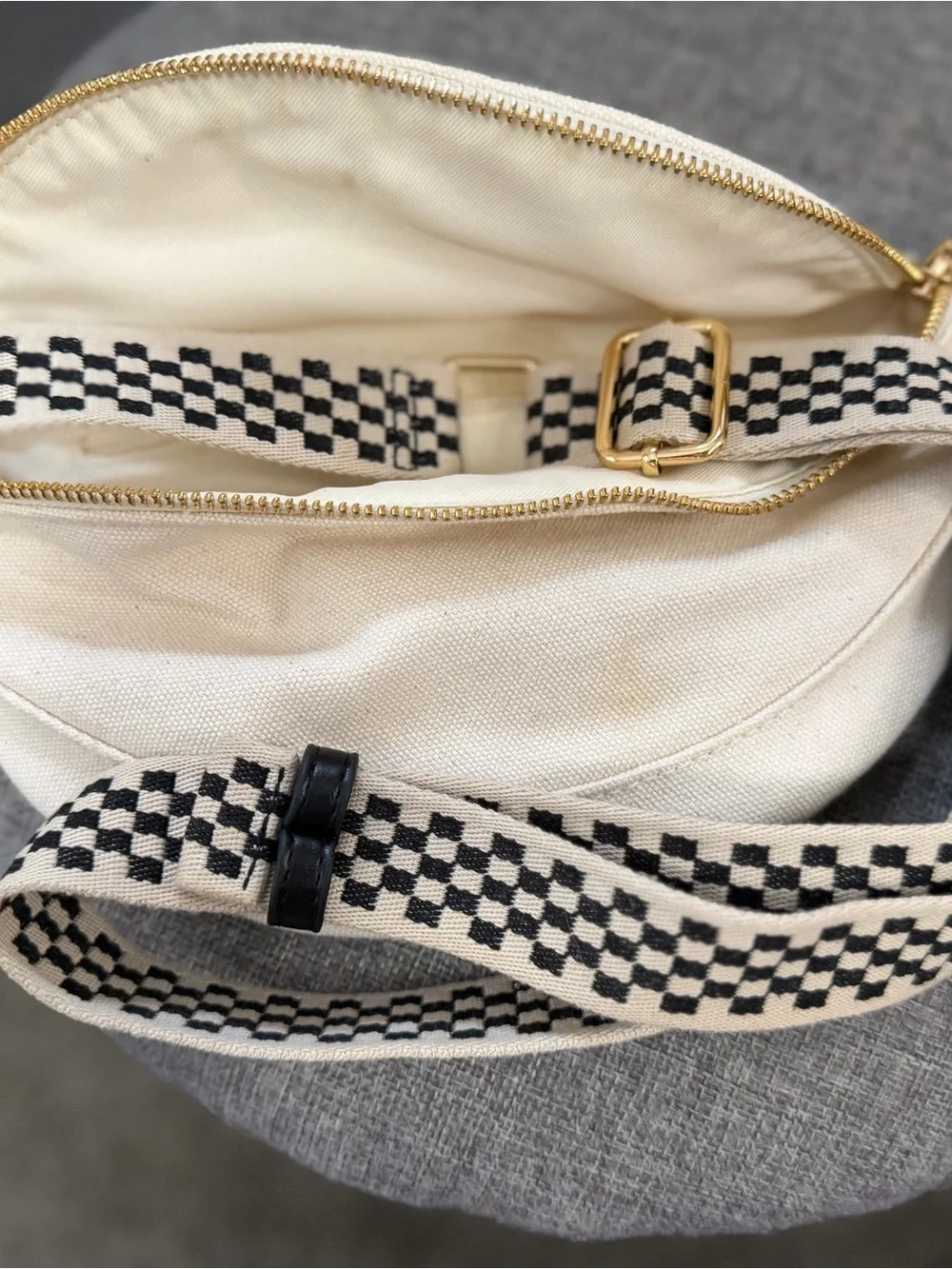 Canvas Crossbody Bag with Checker Strap - Cream/Black